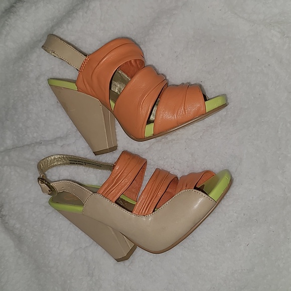 Seychelles Size 7 Peach, Lime Green, Tan Leather Heeled Sandals - Picture 5 of 10